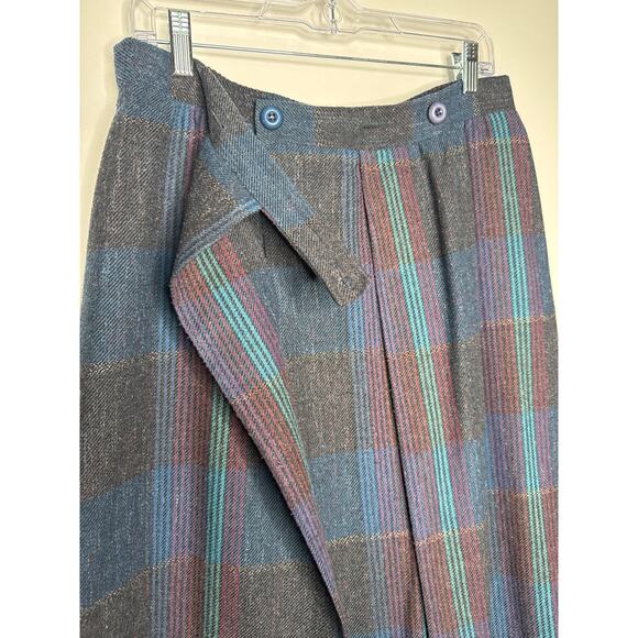 1980s Tan Jay Plaid Wool Midi Skirt Made in USA Preppy Large - Picture 6 of 11